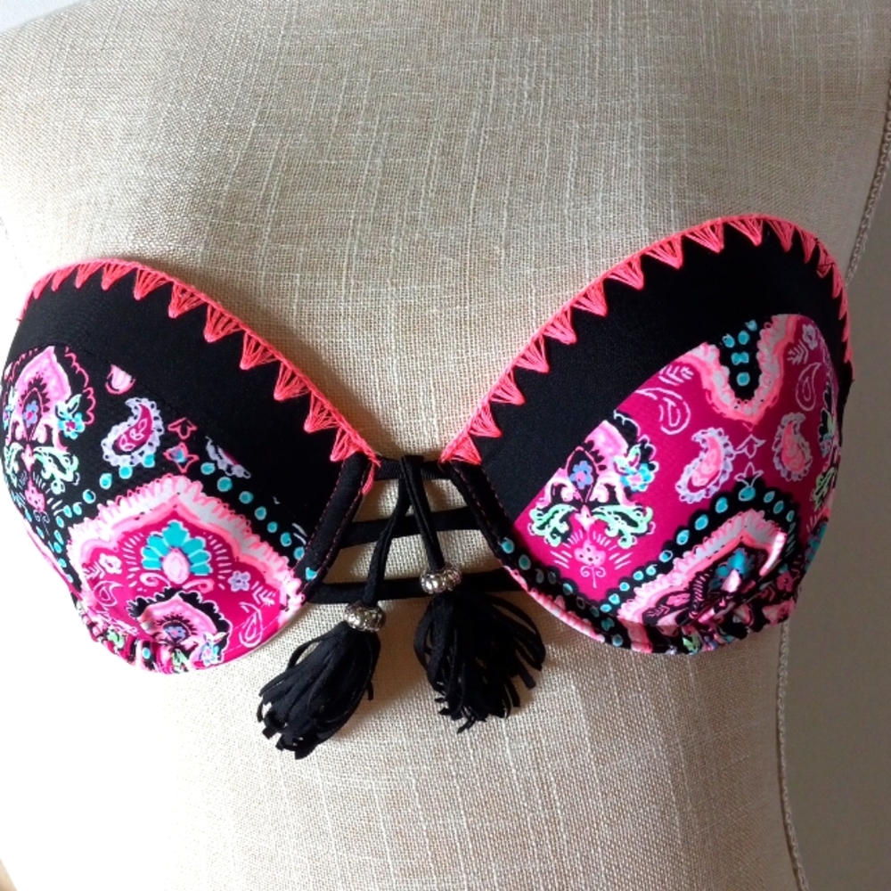 BIKINI SWIMSUIT TOP Uplift by CATALINA Paisley Pink Stitching and Tassel